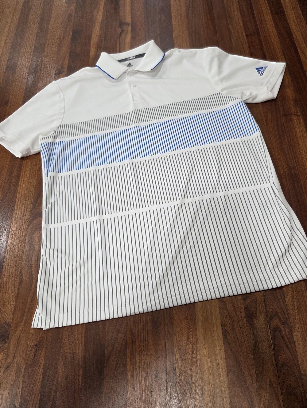 adidas White Polo Shirt with Blue Gray Stripe Accent Size Large